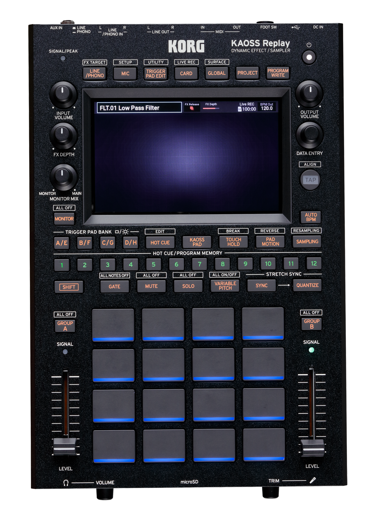 Korg Sampler, KAOSS Replay, 5" LCD Touch Display, 16 Pads, 128 Effects