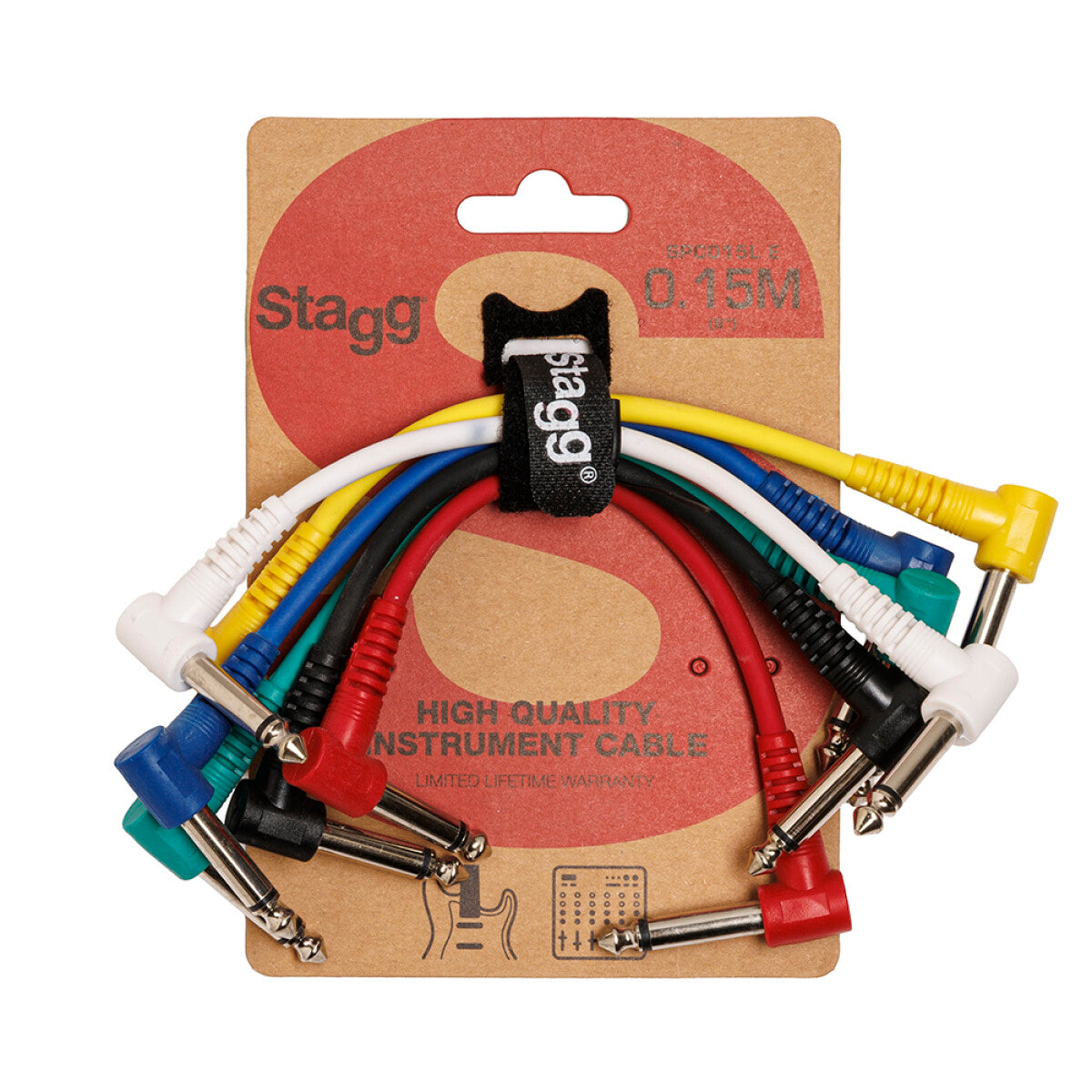 Stagg SPC015L E 6 x mono patchkabels jack/jack (m/m; haaks model), 15 cm, met aangegoten kunststof pluggen
