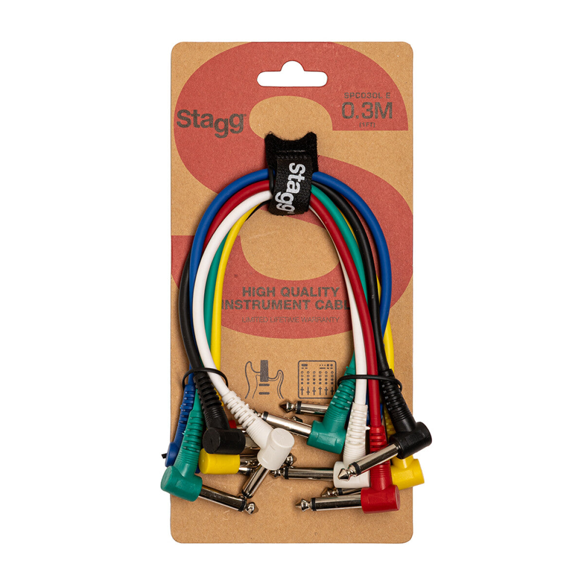 Stagg SPC030L E 6 x mono patchkabels jack/jack (m/m; haaks model), 30 cm, met aangegoten kunststof pluggen
