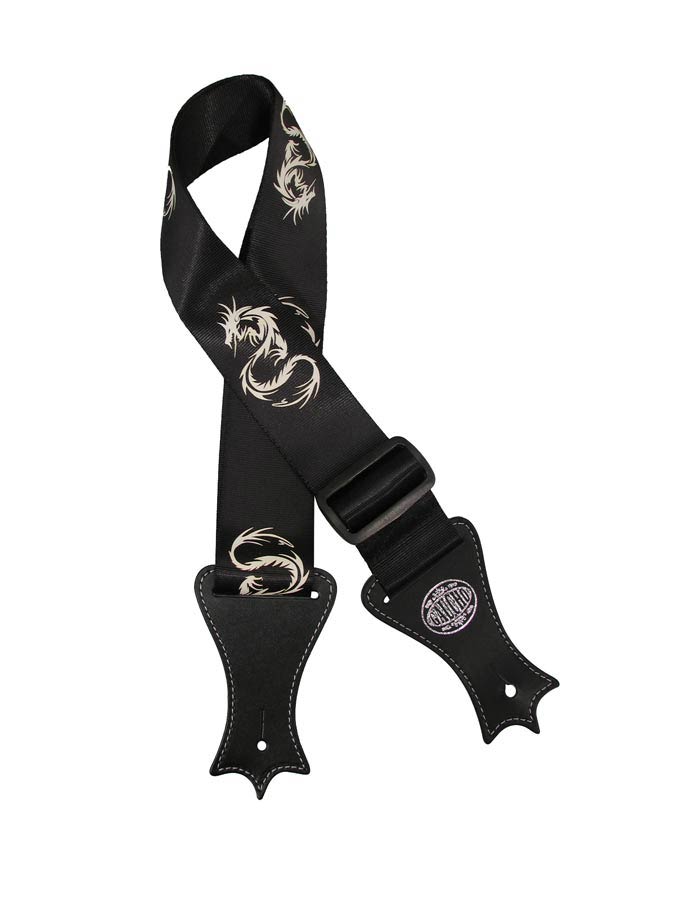 Gaucho GST-142-BK Icon Series Gitaarband deluxe zwart nylon, met kunstleeren eindstukken, dragon print