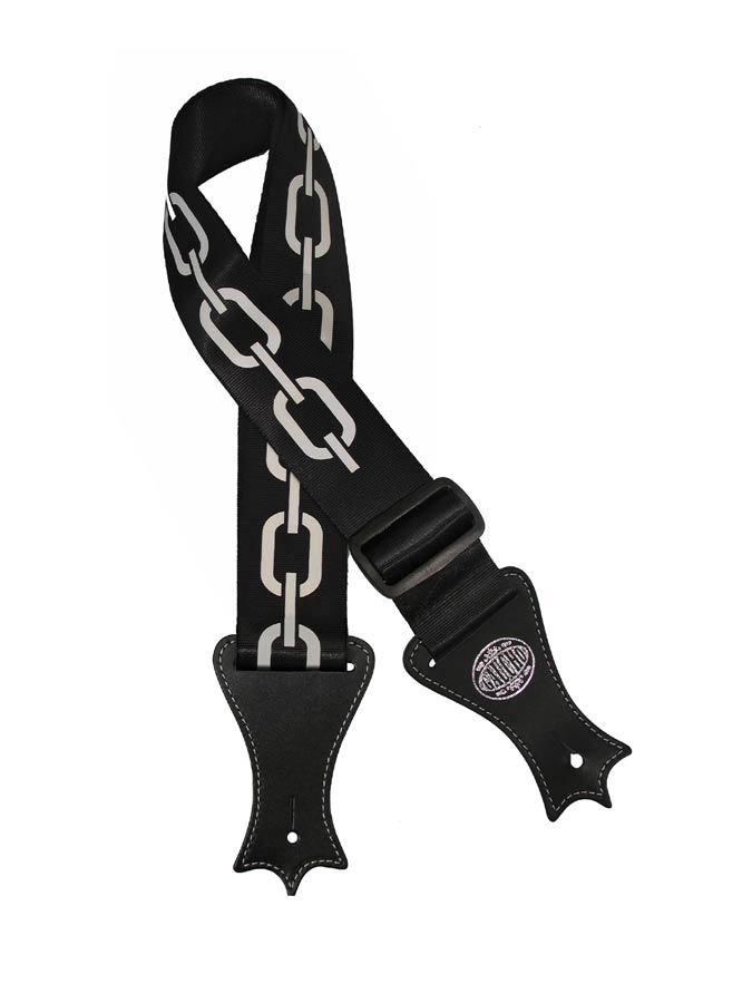 Gaucho GST-144-BK Icon Series Gitaarband deluxe zwart nylon, met kunstleeren eindstukken, chains print