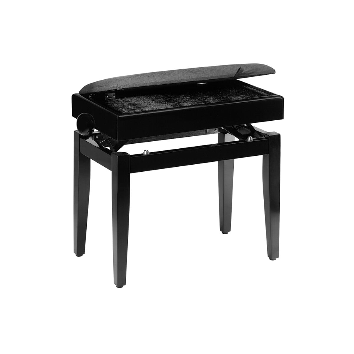 Stagg PB55 verstelbare pianobank mat zwart met zwarte velours zitting en bergvak