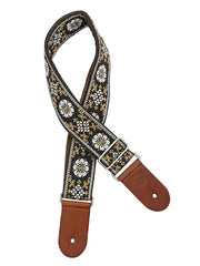 Gaucho GST-1180-4 Traditional Deluxe Series Gitaarband 2" jacquard geweven, leren uiteinden, wit/zwart