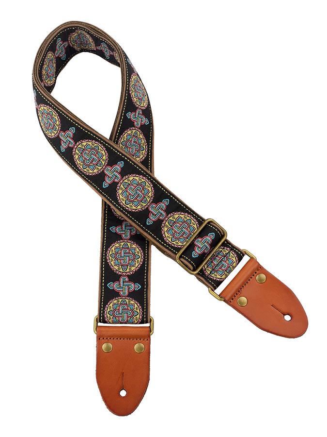 Gaucho GST-1280-4 Authentic Deluxe Series Gitaarband 2" jacquard geweven, leren uiteinden, messing gesp, zwart/blauw/rood