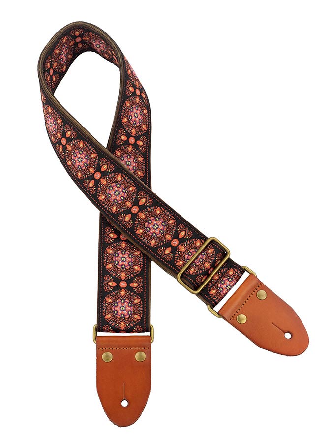 Gaucho GST-1280-5 Authentic Deluxe Series Gitaarband 2" jacquard geweven, leren uiteinden, messing gesp, blauw/roze