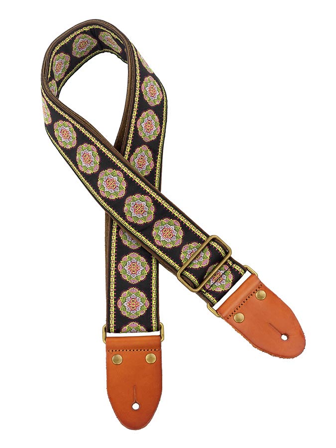 Gaucho GST-1280-9 Authentic Deluxe Series Gitaarband 2" jacquard geweven, leren uiteinden, messing gesp, zwart/groen