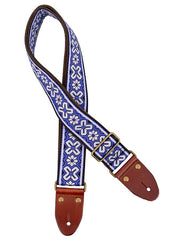 Gaucho GST-1283-4 Classic Jacquard Series Gitaarband van 5 cm breed jacquardweefsel, leren uiteinden met bevestigingspinnen, messing gesp en suède achterzijde, paars-wit
