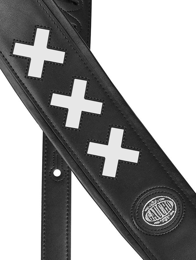 Gaucho GST-605-WH Padded Deluxe Series Gitaarband gevoerde zwarte achterzijde, zwart kunstleer met witte kruizen
