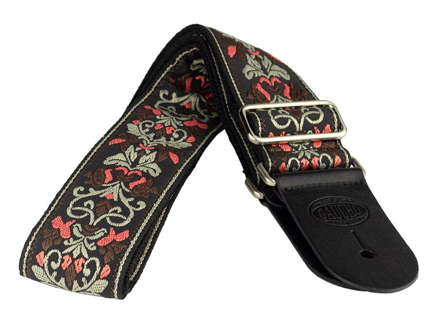 Gaucho GST-194-02 Traditional Series Gitaarband van 5 cm breed jacquardweefsel met leren uiteinden, meerkleurig