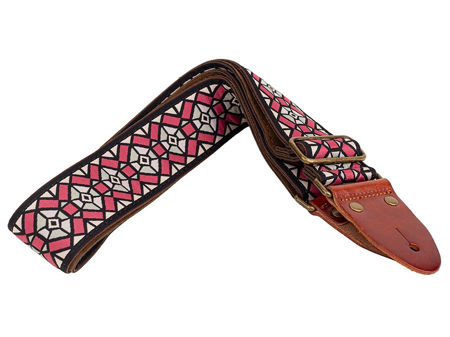 Gaucho GST-1282-3 Classic Jacquard Series Gitaarband van 5 cm breed jacquardweefsel, leren uiteinden met bevestigingspinnen, messing gesp en suède achterzijde, roze-grijs