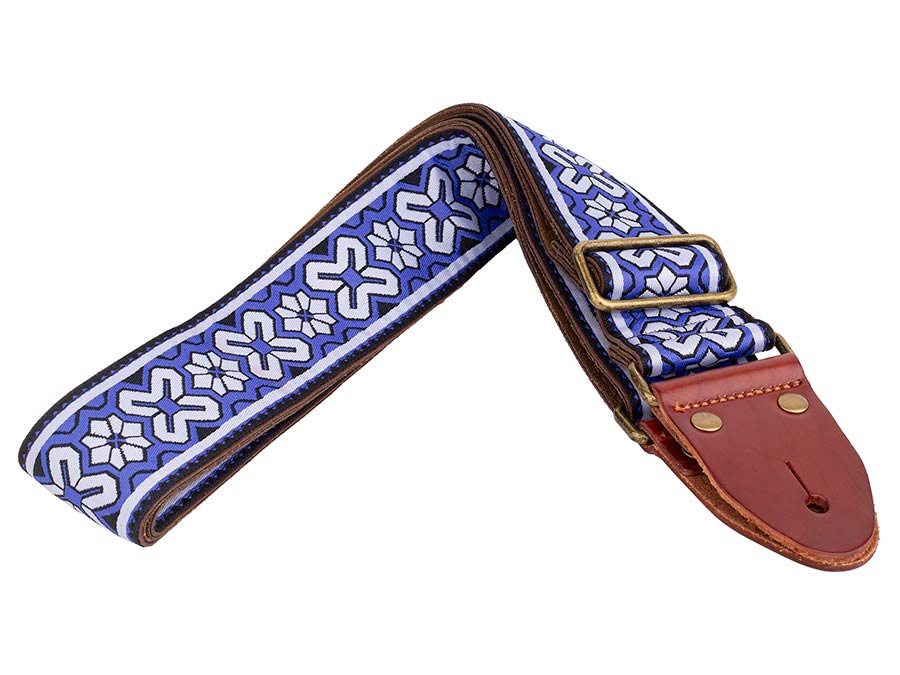 Gaucho GST-1283-4 Classic Jacquard Series Gitaarband van 5 cm breed jacquardweefsel, leren uiteinden met bevestigingspinnen, messing gesp en suède achterzijde, paars-wit