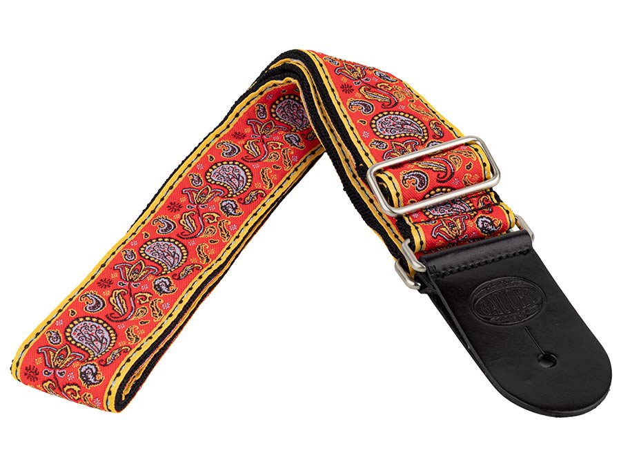Gaucho GST-196-07 Traditional Series Gitaarband van 5 cm breed jacquardweefsel met leren uiteinden, meerkleurig