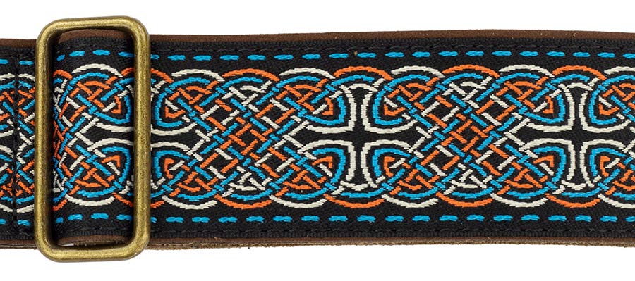 Gaucho GST-1280-2 Authentic Deluxe Series Gitaarband 2" jacquard geweven, leren uiteinden, messing gesp, zwart/blauw