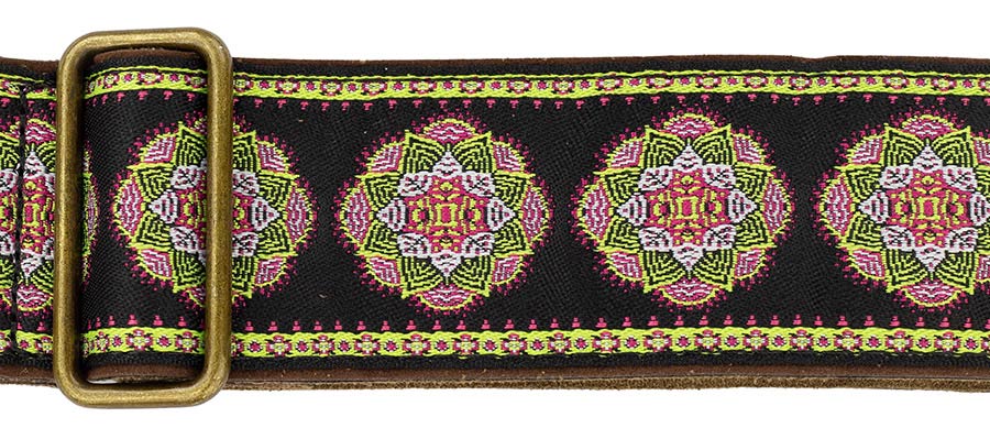 Gaucho GST-1280-9 Authentic Deluxe Series Gitaarband 2" jacquard geweven, leren uiteinden, messing gesp, zwart/groen