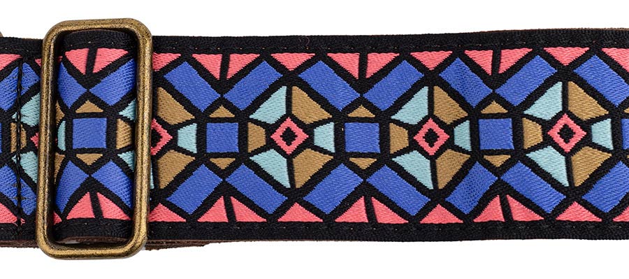 Gaucho GST-1282-2 Classic Jacquard Series Gitaarband van 5 cm breed jacquardweefsel, leren uiteinden met bevestigingspinnen, messing gesp en suède achterzijde, blauw-roze