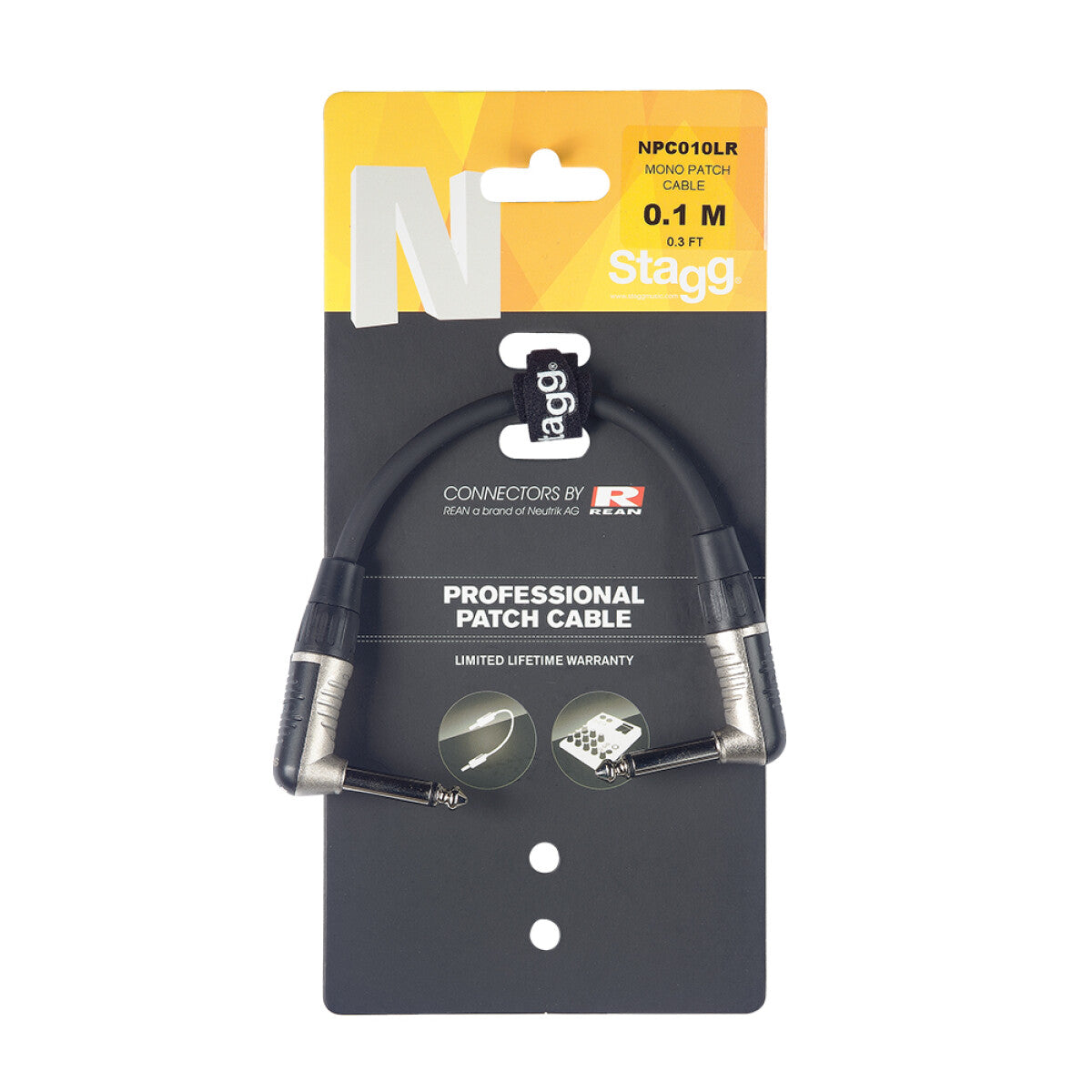 Stagg NPC010LR patchkabel, jack/jack (m/m), haakse pluggen, mono, 10 cm