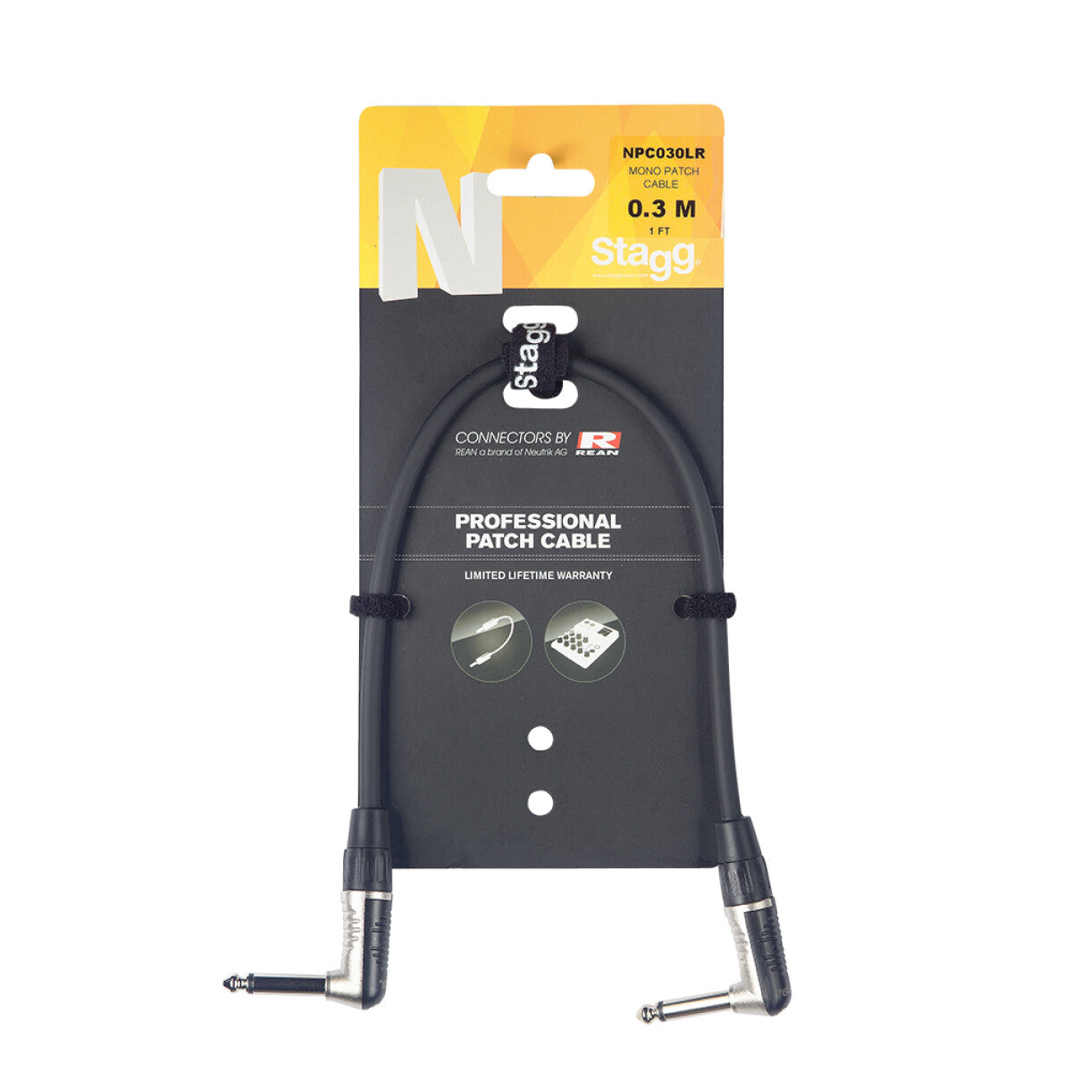 Stagg NPC030LR patchkabel, jack/jack (m/m), haakse pluggen, mono, 30 cm