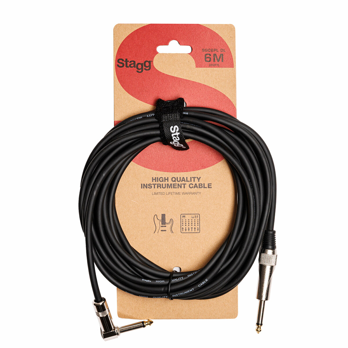 Stagg SGC6PL DL instrumentkabel jack/jack (m/m, recht/haaks), 6 m, heavy-duty pluggen, S-serie