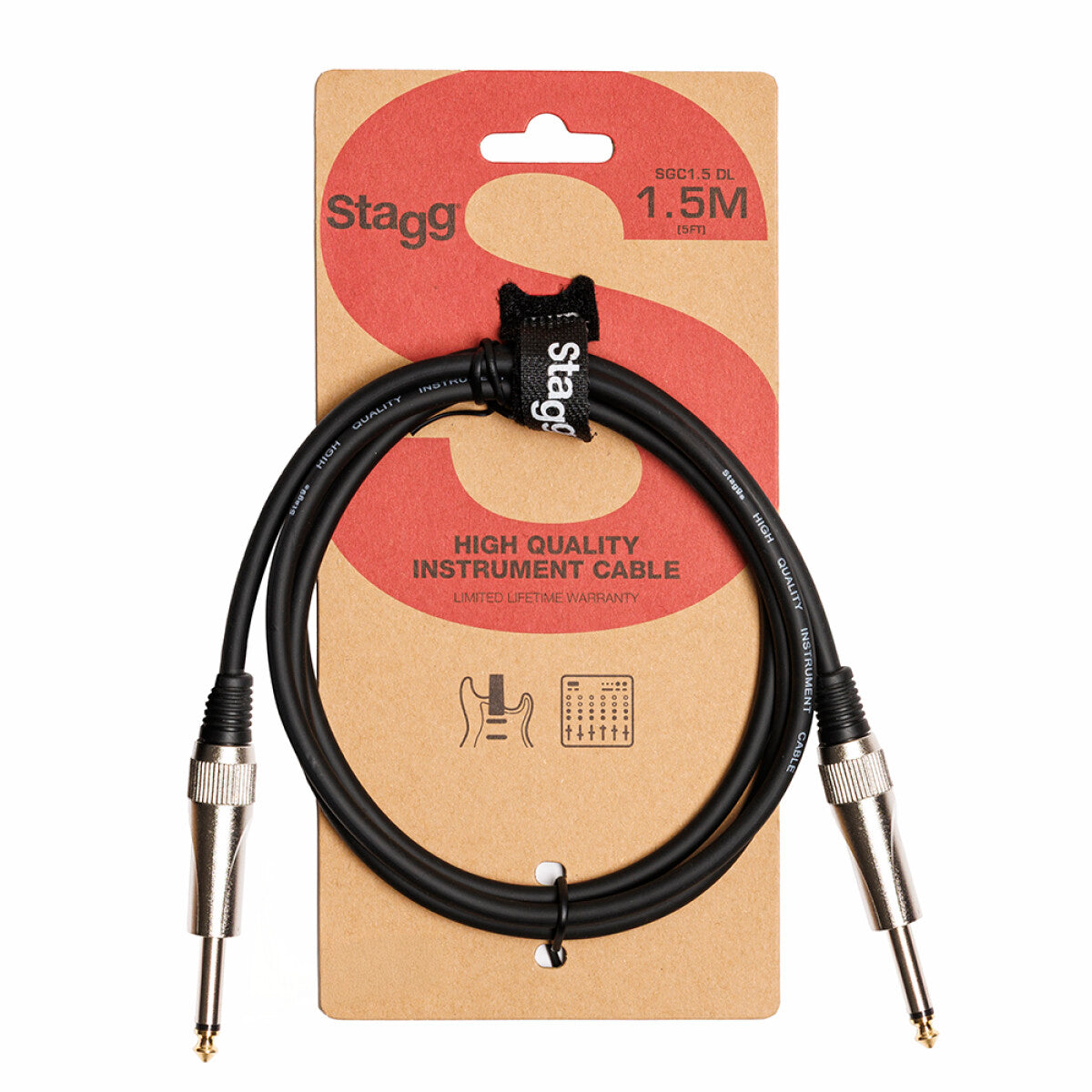 Stagg SGC1,5DL instrumentkabel jack/jack (m/m), 1,5 m, heavy-duty pluggen, S-serie