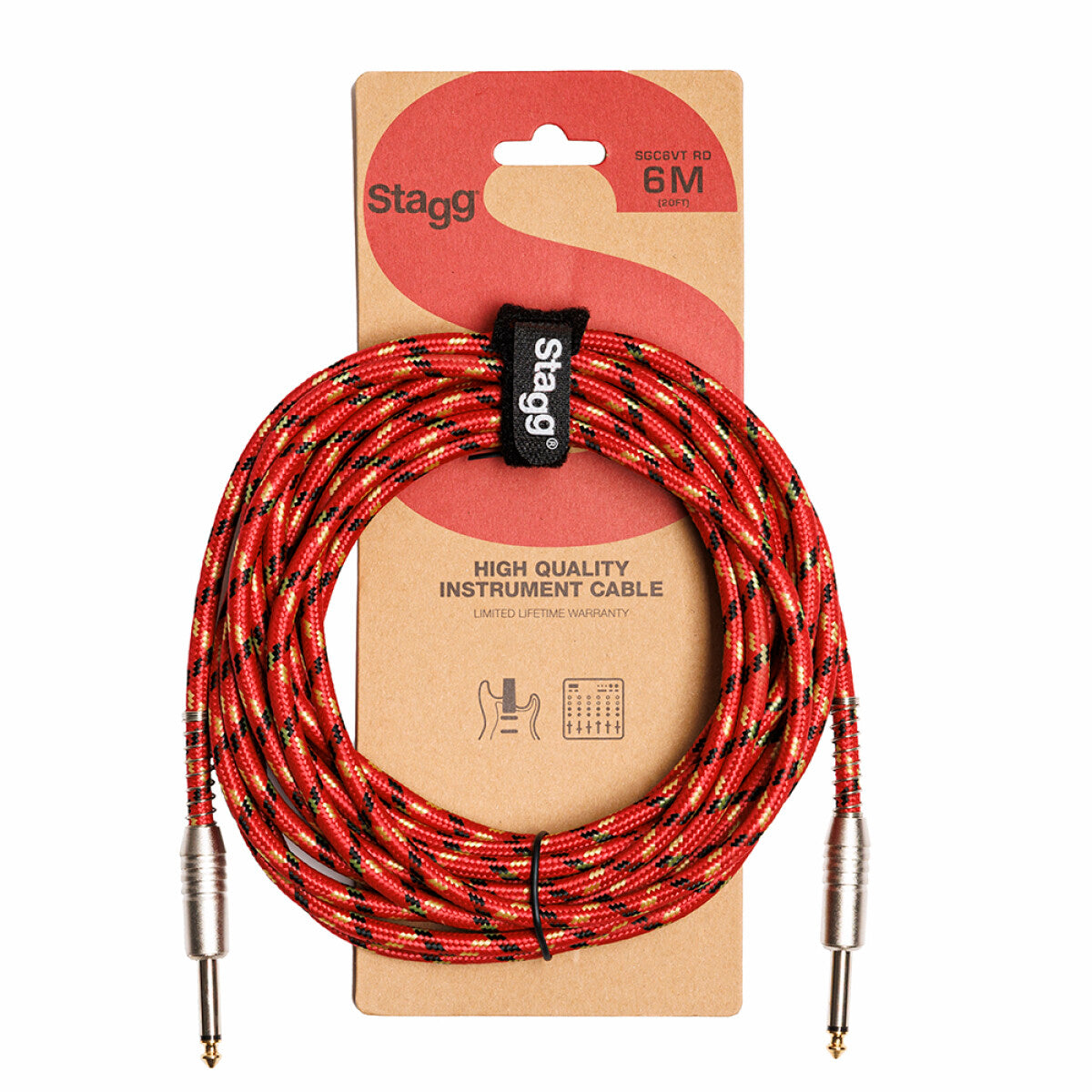 Stagg SGC6VT RD instrumentkabel jack/jack (m/m), 6 m, rood, vintage-style tweed, S-serie