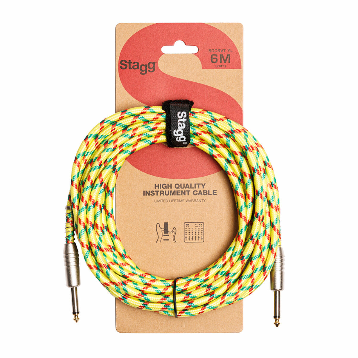 Stagg SGC6VT YL instrumentkabel jack/jack (m/m), 6 m, geel, vintage-style tweed, S-serie