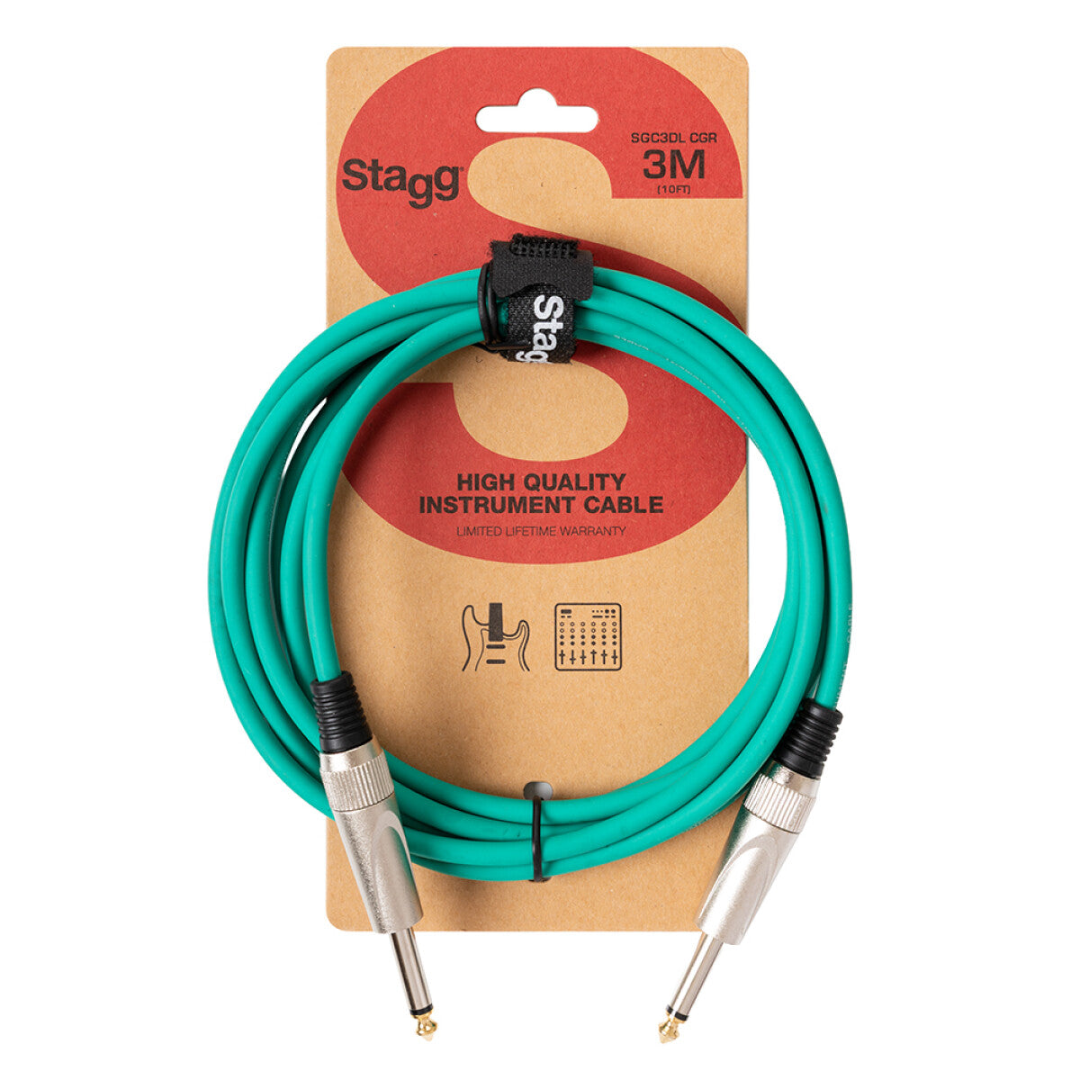 Stagg SGC3DL CGR instrumentkabel jack/jack (m/m), 3 m, heavy-duty pluggen, groen, S-serie