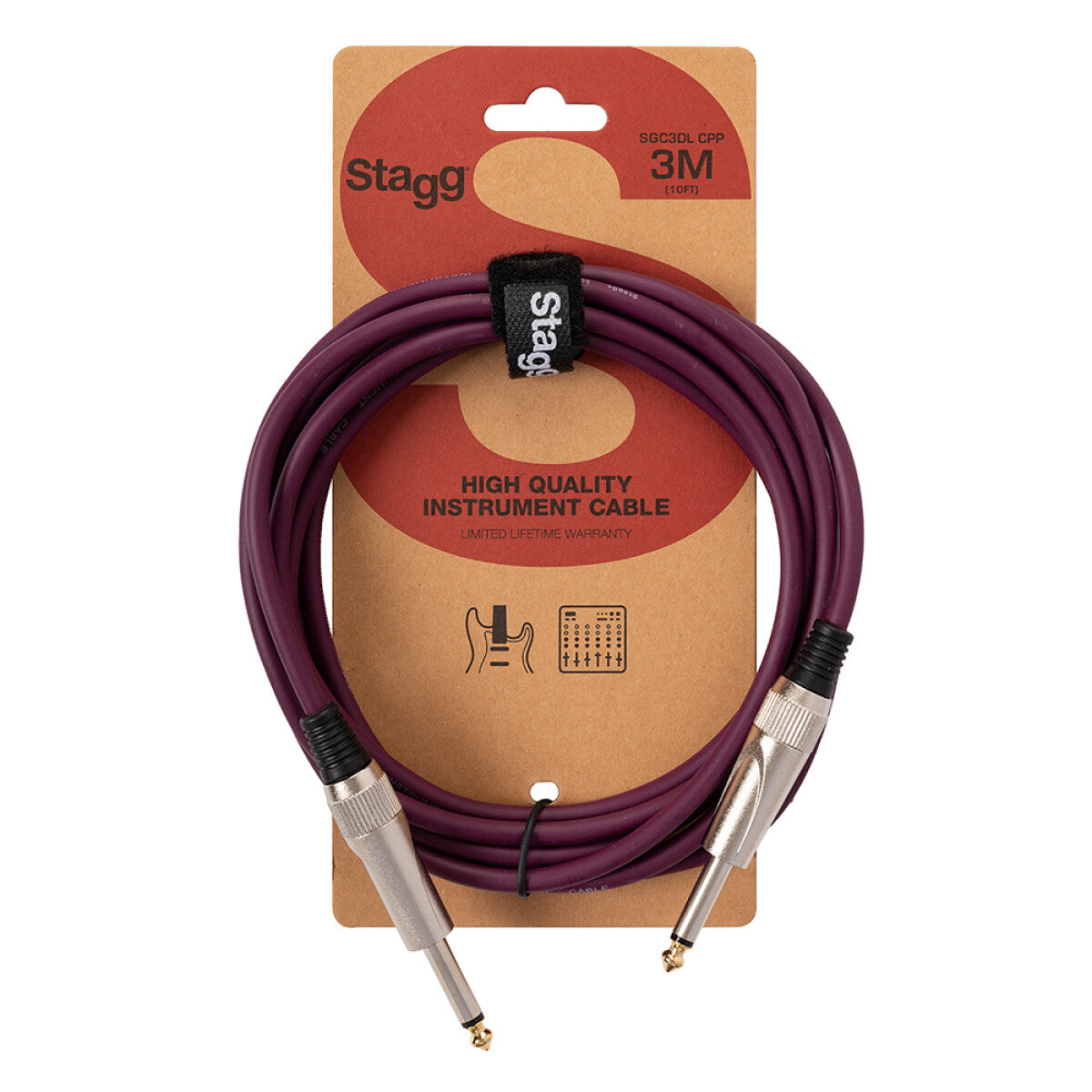 Stagg SGC3DL CPP instrumentkabel jack/jack (m/m), 3 m, heavy-duty pluggen, paars, S-serie
