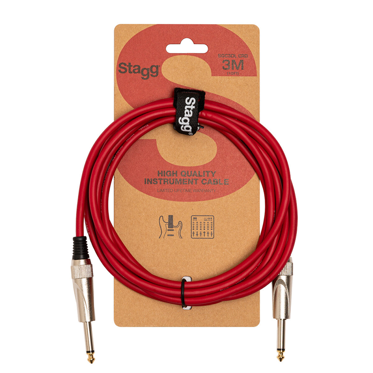 Stagg SGC3DL CRD instrumentkabel jack/jack (m/m), 3 m, heavy-duty pluggen, rood, S-serie