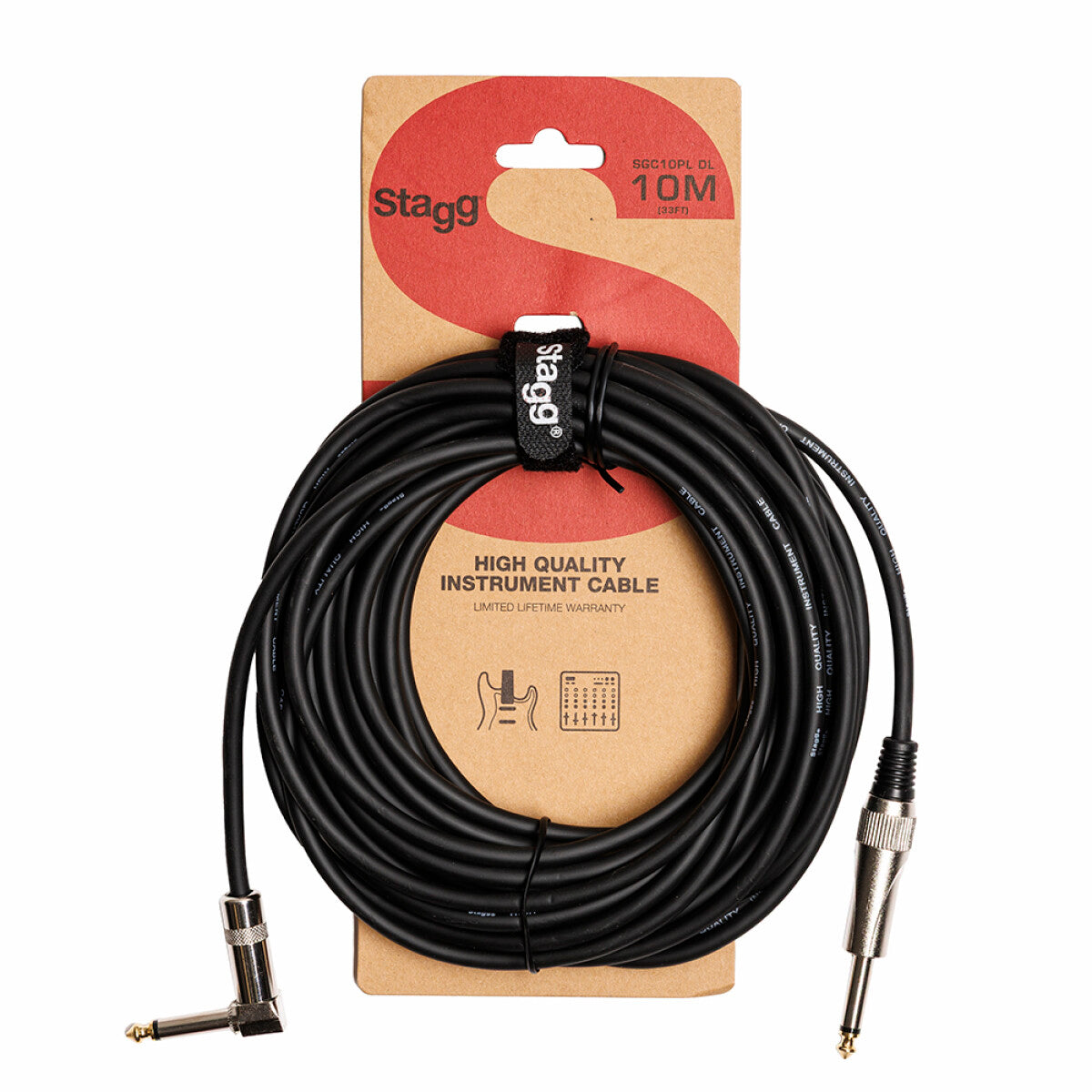 Stagg SGC10PL DL instrumentkabel jack/jack (m/m, recht/haaks), 10 m, heavy-duty pluggen, S-serie