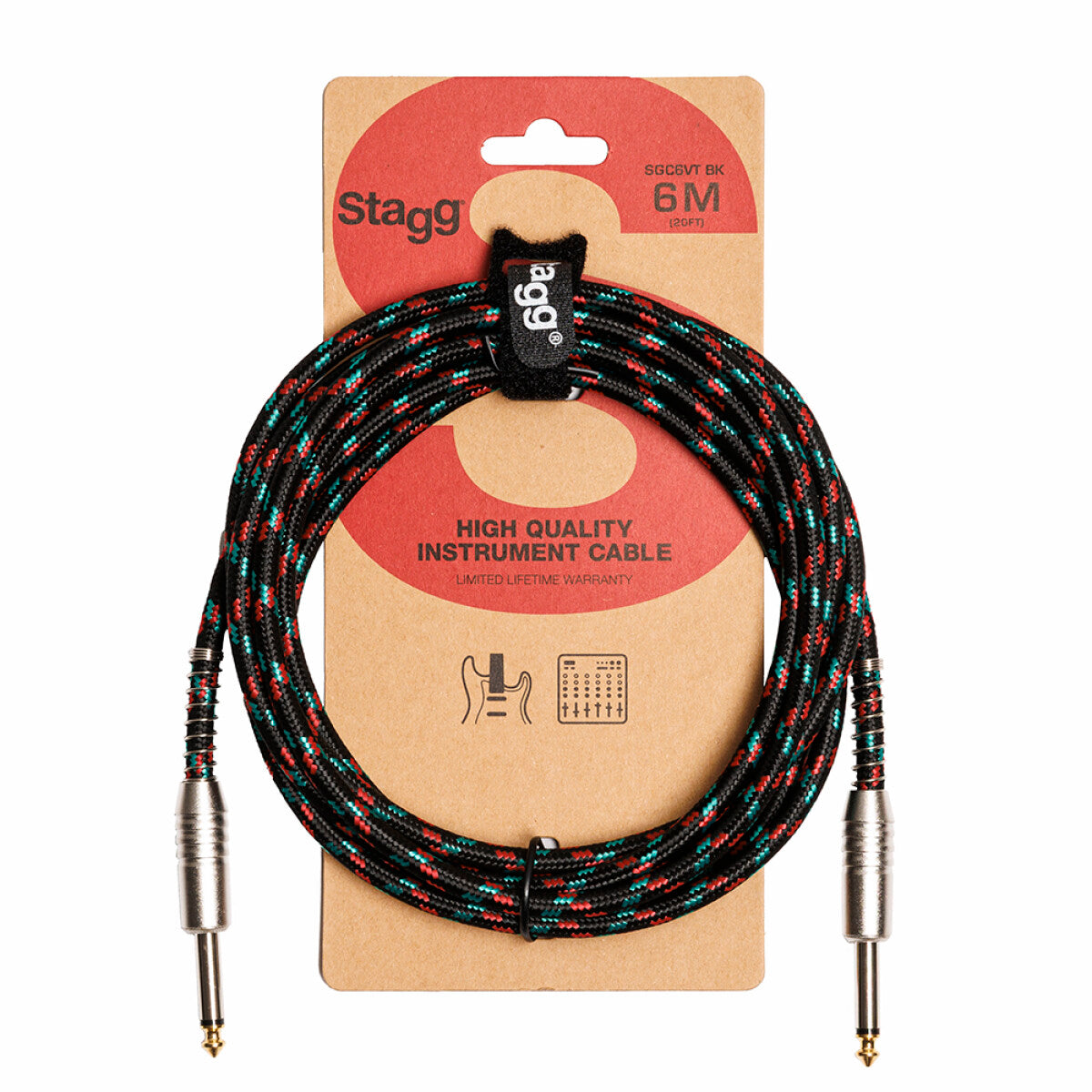 Stagg SGC6VT BK instrumentkabel jack/jack (m/m), 6 m, zwart, vintage-style tweed, S-serie