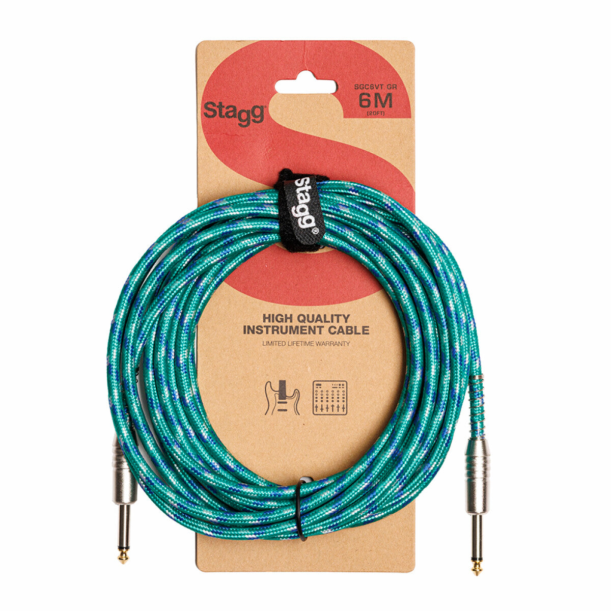 Stagg SGC6VT GR instrumentkabel jack/jack (m/m), 6 m, groen, vintage-style tweed, S-serie