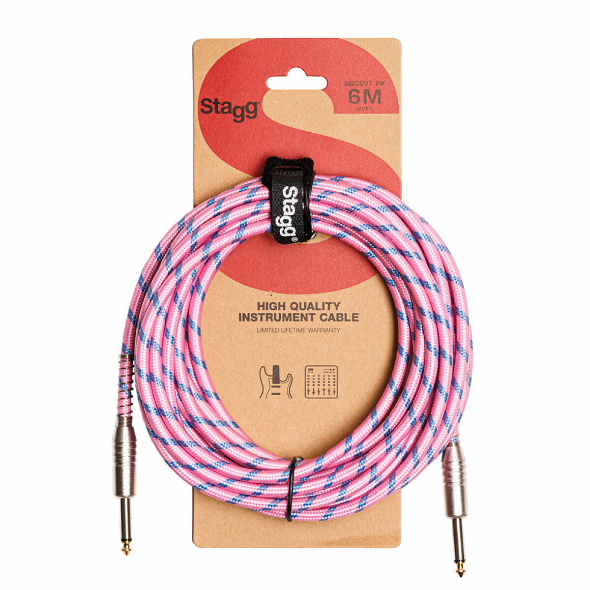 Stagg SGC6VT PK instrumentkabel jack/jack (m/m), 6 m, roze, vintage-style tweed, S-serie