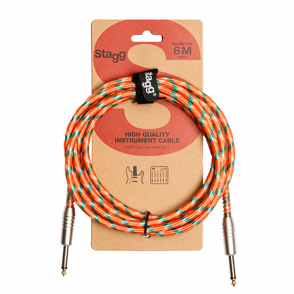 Stagg SGC6VT OR instrumentkabel jack/jack (m/m), 6 m, oranje, vintage-style tweed, S-serie