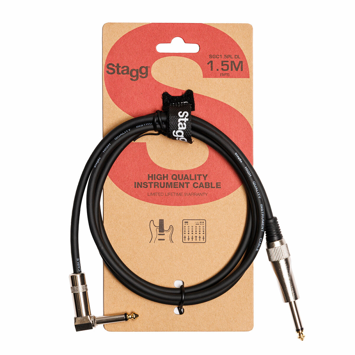 Stagg SGC1,5PL DL instrumentkabel jack/jack (m/m, recht/haaks), 1,5 m, heavy-duty pluggen, S-serie