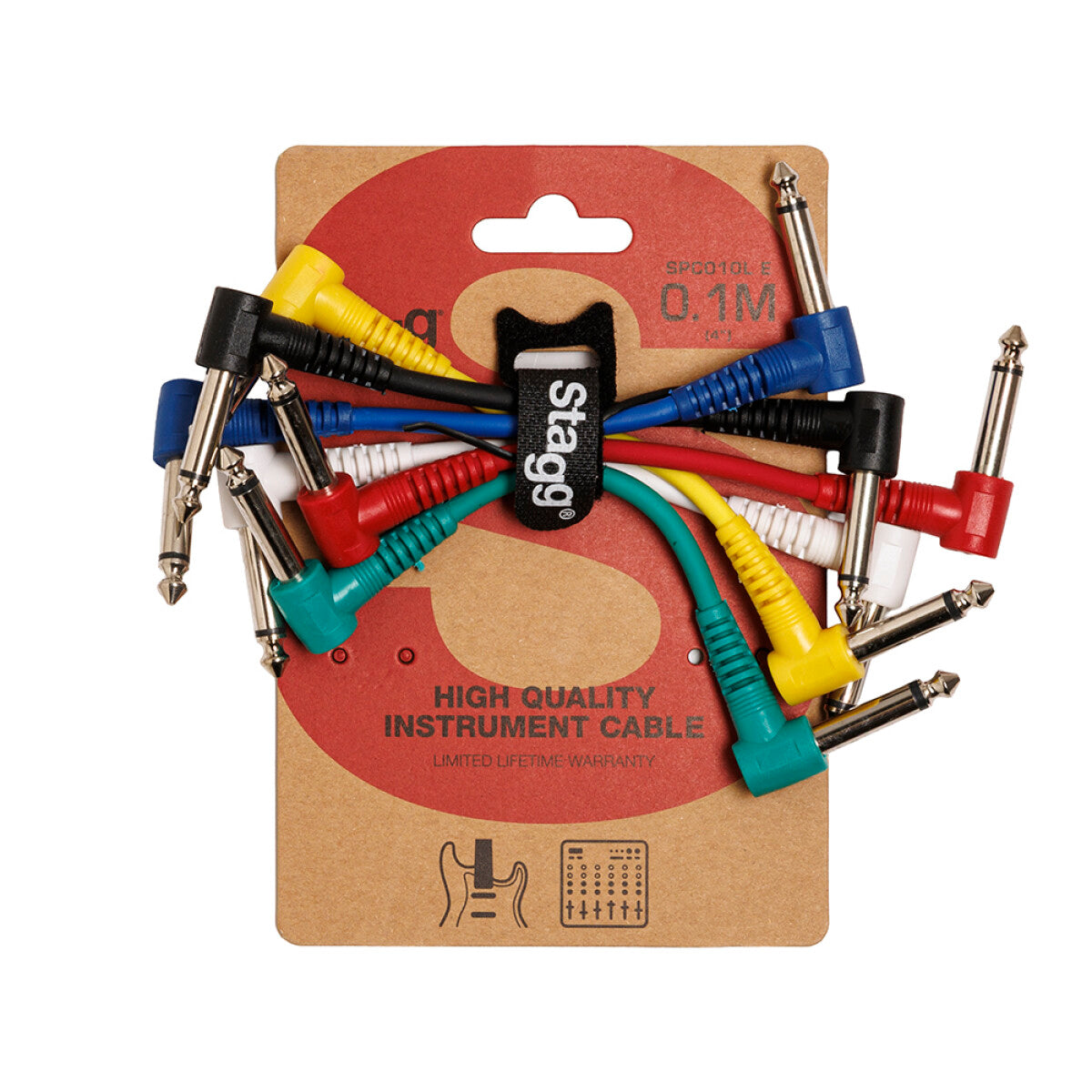 Stagg SPC010L E 6 x mono patchkabels jack/jack (m/m; haaks model), 10 cm, met aangegoten kunststof pluggen
