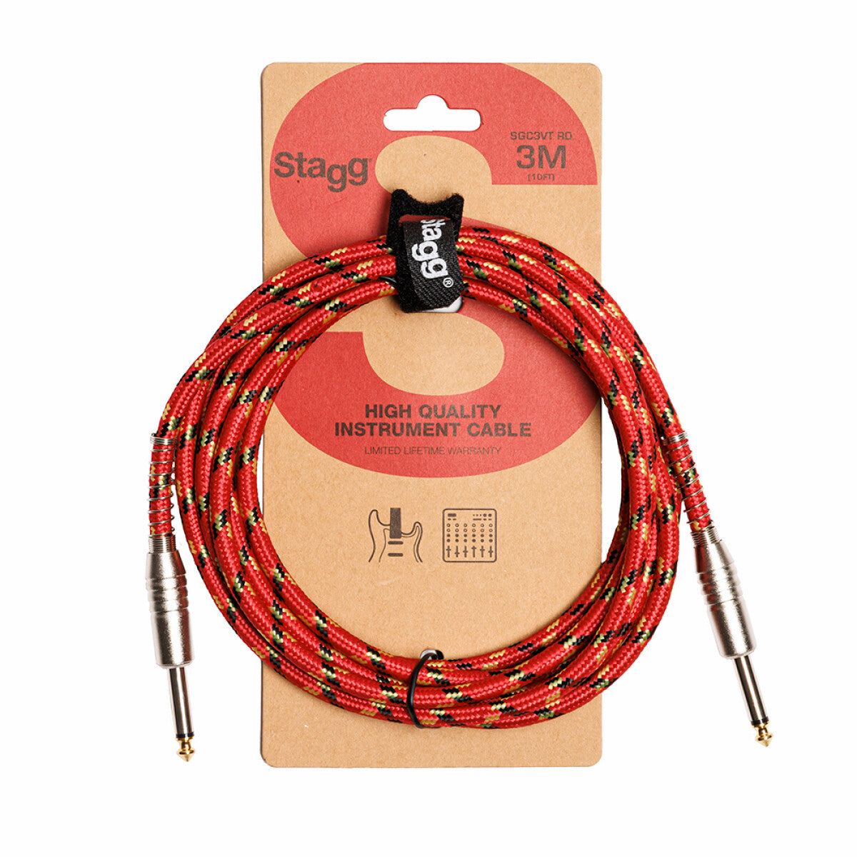 Stagg SGC3VT RD instrumentkabel jack/jack (m/m), 3 meter vintage-style tweed, rood