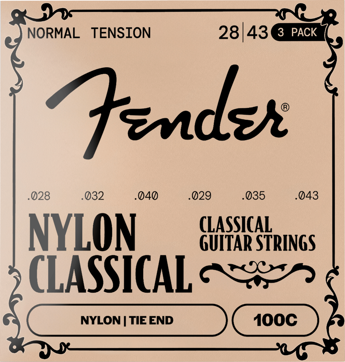 Fender F-100-3 100 Nylon klassieke gitaarsnaren 28-43 Clear/Silver met knoopeinde 3-pack