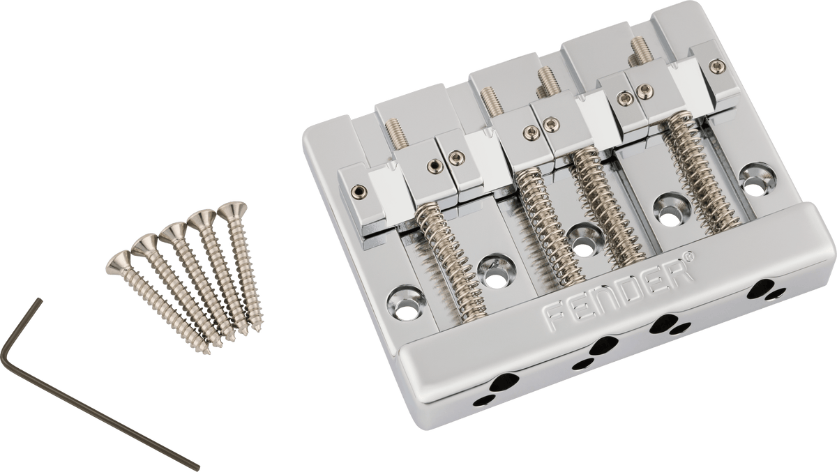 Fender 0994408000 HiMass 4-Snarige Basgitaarbrug met Messing Zadels Chroom