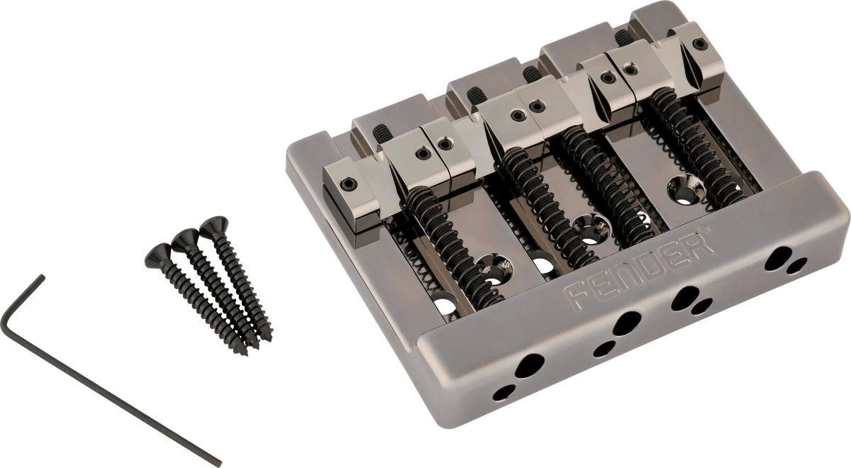 Fender 0994411400 HiMass String-Through 4-Snarige Basgitaarbrug met Messing Zadels Zwart Chroom