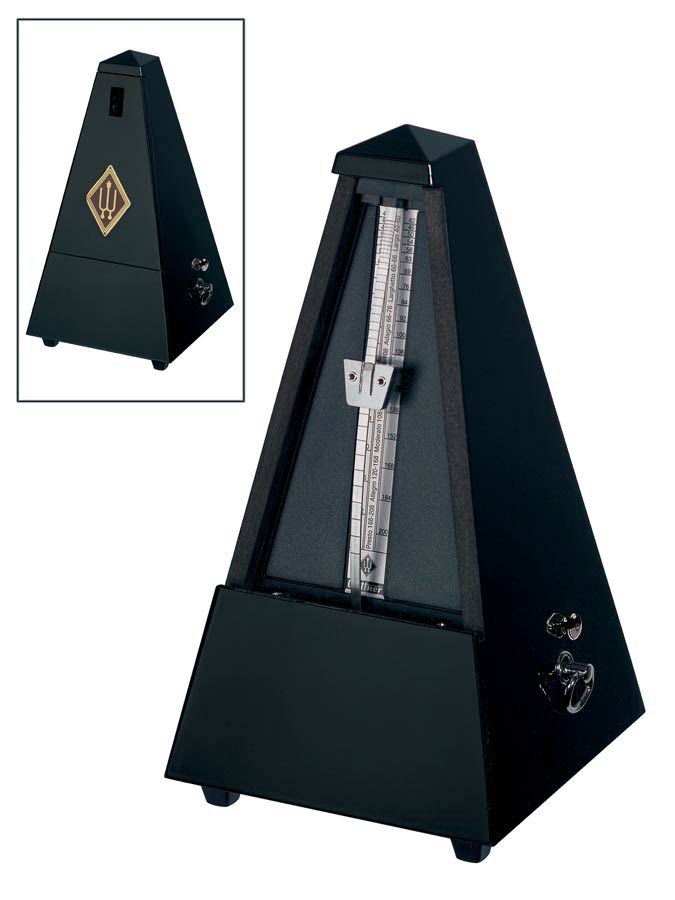 metronoom, pyramide-model, houten behuizing, zwart, hoogglans afwerking, met bel