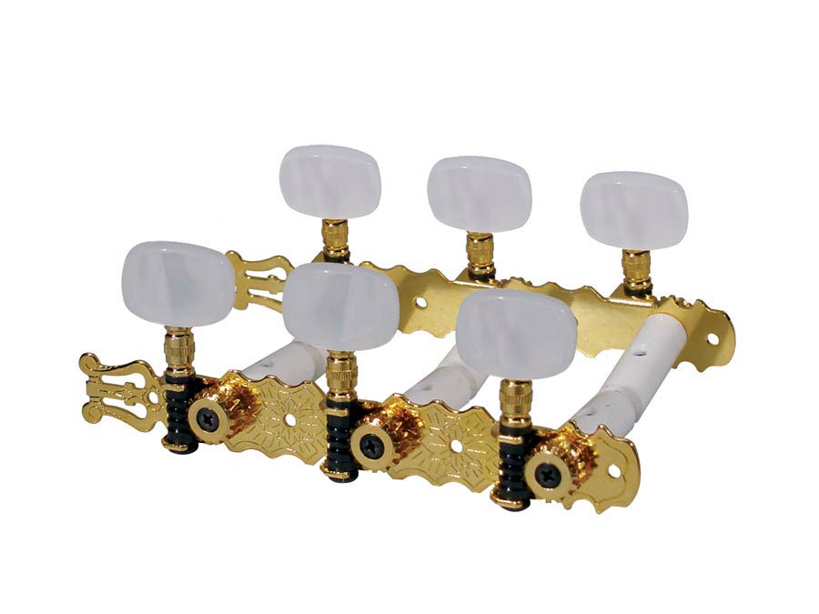 Boston 129-PG Stemmechanieken voor klassieke gitaar, nylon as, 3x links+3x rechts, 70mm, goud, parelmoer knoppen