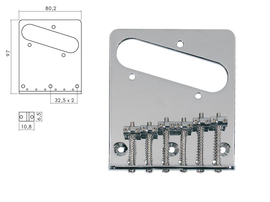 Boston T-64-C Brug-staartstuk, Teaser, grooved saddles, flat plate, strings-in-bridge or through-body, chroom