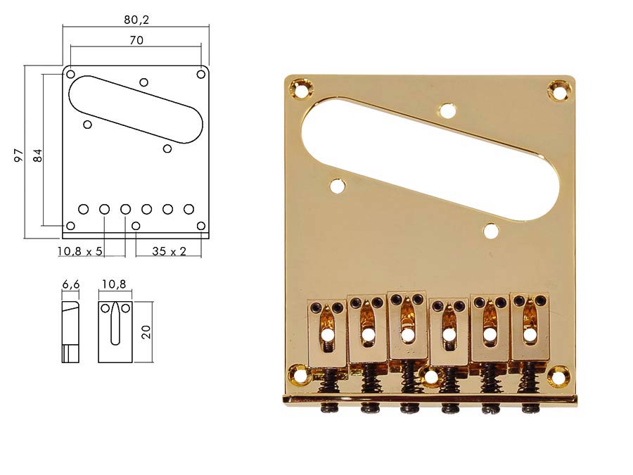 Boston T-66-G Brug-staartstuk, Teaser, block saddles, flat plate, goud