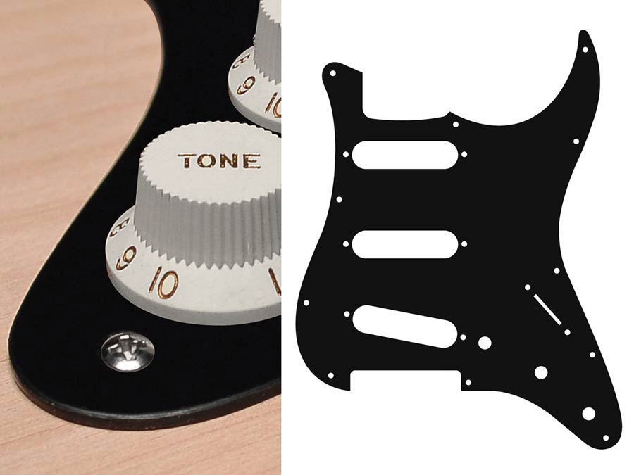 Boston ST-113-BM Slagplaat, Stallion, 1 ply, black mat, standaard, SSS, 3 pot holes, 3-5 switch