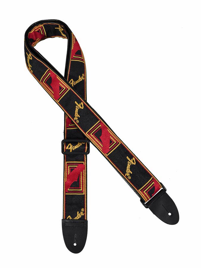 Fender gitaarriem, 5cm breed, voorzien van logo, zwart-geel-rood