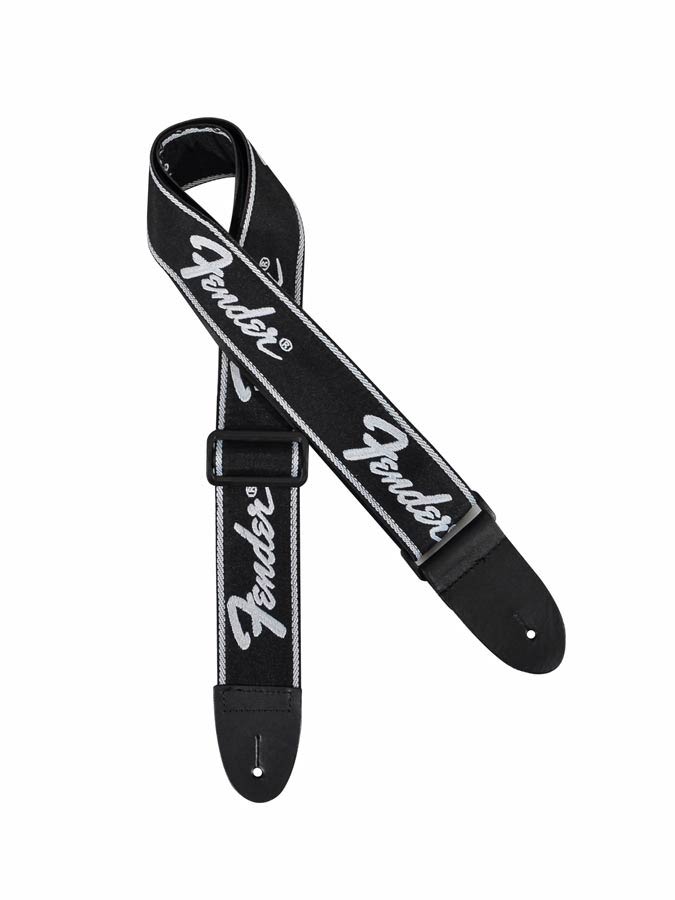 Fender gitaarriem, running logo, zwart met wit logo