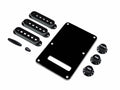 Fender strat accessory kit, contains pot knobs, switch tip, backplate, pickup covers, black