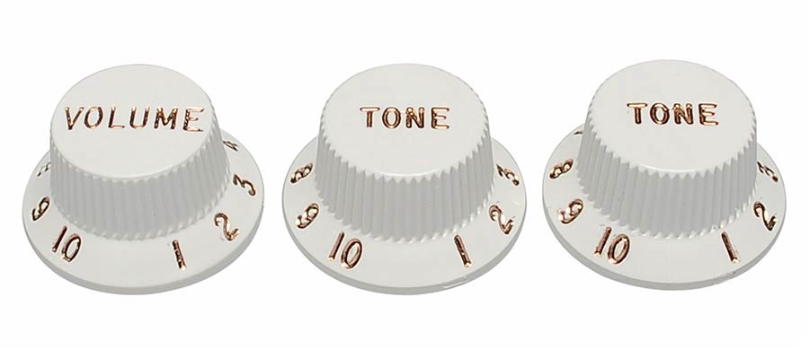 Fender strat knobs for CTS shaft size, 1V + 2T, white