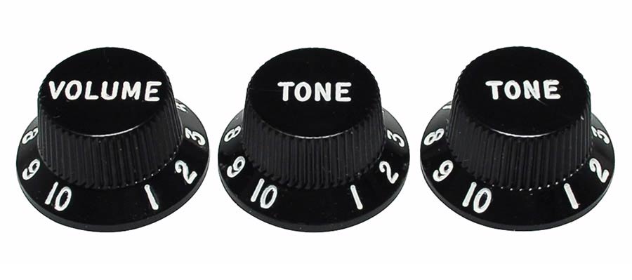 Fender strat knobs for CTS shaft size, 1V + 2T, black