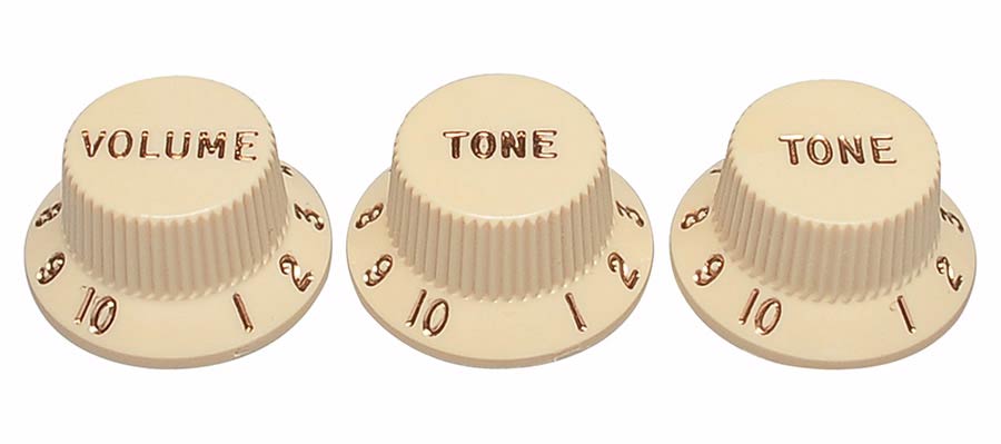 Fender strat knobs for CTS shaft size, 1V + 2T, aged